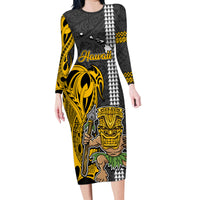 Custom Hawaii Island Family Matching Long Sleeve Bodycon Dress and Hawaiian Shirt Hawaiian Warrior and Kakau Symbols Abstract Tattoo LT03 Mom's Dress Yellow - Polynesian Pride