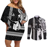 Hawaii Island Couples Matching Off Shoulder Short Dress and Long Sleeve Button Shirts Hawaiian King and Kakau Symbols Abstract Shoulder Tattoo LT03 Black - Polynesian Pride