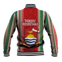 Kiribati Christmas Baseball Jacket Santa With Gift Bag Behind Ribbons Seamless Red Maori LT03 - Polynesian Pride