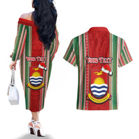 Custom Kiribati Christmas Couples Matching Off The Shoulder Long Sleeve Dress and Hawaiian Shirt Santa With Gift Bag Behind Ribbons Seamless Red Maori LT03 - Polynesian Pride