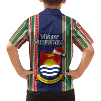 Kiribati Christmas Hawaiian Shirt Santa With Gift Bag Behind Ribbons Seamless Blue Maori LT03 - Polynesian Pride