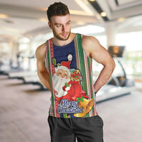 Kiribati Christmas Men Tank Top Santa With Gift Bag Behind Ribbons Seamless Blue Maori LT03 - Polynesian Pride