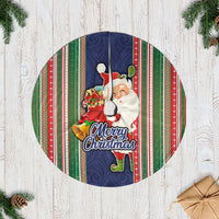 Kiribati Christmas Tree Skirt Santa With Gift Bag Behind Ribbons Seamless Blue Maori LT03 Blue - Polynesian Pride