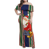 Custom Kiribati Christmas Family Matching Off Shoulder Maxi Dress and Hawaiian Shirt Santa With Gift Bag Behind Ribbons Seamless Blue Maori LT03 Mom's Dress Blue - Polynesian Pride