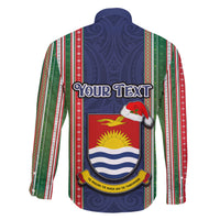 Custom Kiribati Christmas Family Matching Short Sleeve Bodycon Dress and Hawaiian Shirt Santa With Gift Bag Behind Ribbons Seamless Blue Maori LT03 - Polynesian Pride