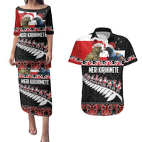 New Zealand Meri Kirihimete Couples Matching Puletasi and Hawaiian Shirt Christmas Tui Bird and Kea Bird - Haka Santa with Maori Koru Art Pattern