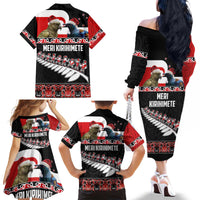 New Zealand Meri Kirihimete Family Matching Off The Shoulder Long Sleeve Dress and Hawaiian Shirt Christmas Tui Bird and Kea Bird - Haka Santa with Maori Koru Art Pattern