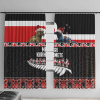 New Zealand Meri Kirihimete Window Curtain Christmas Tui Bird and Kea Bird - Haka Santa with Maori Koru Art Pattern LT03 With Hooks Black - Polynesian Pride