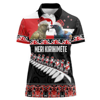 New Zealand Meri Kirihimete Women Polo Shirt Christmas Tui Bird and Kea Bird - Haka Santa with Maori Koru Art Pattern LT03 Female Black - Polynesian Pride