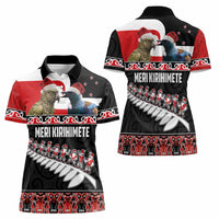 New Zealand Meri Kirihimete Women Polo Shirt Christmas Tui Bird and Kea Bird - Haka Santa with Maori Koru Art Pattern LT03 - Polynesian Pride