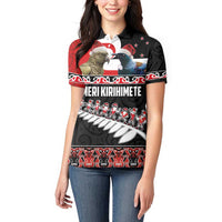 New Zealand Meri Kirihimete Women Polo Shirt Christmas Tui Bird and Kea Bird - Haka Santa with Maori Koru Art Pattern LT03 - Polynesian Pride