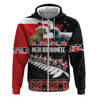 New Zealand Meri Kirihimete Zip Hoodie Christmas Tui Bird and Kea Bird - Haka Santa with Maori Koru Art Pattern LT03 Zip Hoodie Black - Polynesian Pride