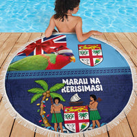 Fiji Marau na Kerisimasi Beach Blanket Christmas Collared Lory - Fiji Emblems and Xmas Palm Tree Tapa Art Pattern