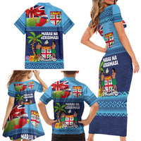Fiji Marau na Kerisimasi Family Matching Short Sleeve Bodycon Dress and Hawaiian Shirt Christmas Collared Lory - Fiji Emblems and Xmas Palm Tree Tapa Art Pattern