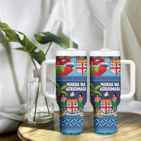 Fiji Marau na Kerisimasi Tumbler With Handle Christmas Collared Lory - Fiji Emblems and Xmas Palm Tree Tapa Art Pattern