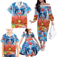 Hawaiian Love-Couple Dolphins and Flamingos Family Matching Off The Shoulder Long Sleeve Dress and Hawaiian Shirt LT03 - Polynesian Pride