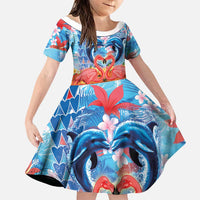 Hawaiian Love-Couple Dolphins and Flamingos Family Matching Short Sleeve Bodycon Dress and Hawaiian Shirt LT03 Daughter's Dress Multicolor - Polynesian Pride
