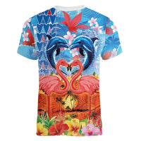 Hawaiian Love-Couple Dolphins and Flamingos Women V-Neck T-Shirt - Polynesian Pride