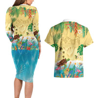 Hawaiian Alohawaii Couples Matching Long Sleeve Bodycon Dress and Hawaiian Shirt Tropical Plants and Animals on The Beach LT03 - Polynesian Pride