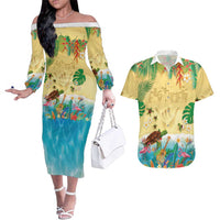 Hawaiian Alohawaii Couples Matching Off The Shoulder Long Sleeve Dress and Hawaiian Shirt Tropical Plants and Animals on The Beach LT03 Multicolor - Polynesian Pride