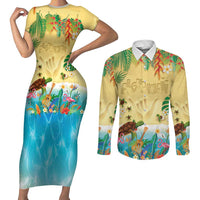 Hawaiian Alohawaii Couples Matching Short Sleeve Bodycon Dress and Long Sleeve Button Shirt Tropical Plants and Animals on The Beach LT03 Multicolor - Polynesian Pride