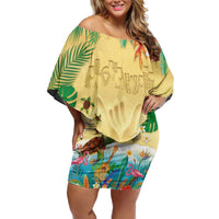 Hawaiian Alohawaii Family Matching Off Shoulder Short Dress and Hawaiian Shirt Tropical Plants and Animals on The Beach LT03 Mom's Dress Multicolor - Polynesian Pride