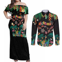 Hawaiian Alohawaii Couples Matching Off Shoulder Maxi Dress and Long Sleeve Button Shirt Tribal Sea Animals Tattoo and Tropical Plants LT03 Black - Polynesian Pride