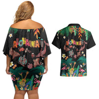 Hawaiian Alohawaii Couples Matching Off Shoulder Short Dress and Hawaiian Shirt Tribal Sea Animals Tattoo and Tropical Plants LT03 - Polynesian Pride