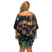 Hawaiian Alohawaii Off Shoulder Short Dress Tribal Sea Animals Tattoo and Tropical Plants LT03 - Polynesian Pride