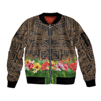 Hawaiian Hula Costume Sleeve Zip Bomber Jacket Tribal Tattoo and Tropical Plants Skirt LT03 Unisex Brown - Polynesian Pride