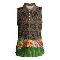 Hawaiian Hula Costume Women Sleeveless Polo Shirt Tribal Tattoo and Tropical Plants Skirt LT03 Female Brown - Polynesian Pride