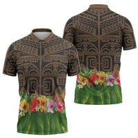 Hawaiian Hula Costume Zipper Polo Shirt Tribal Tattoo and Tropical Plants Skirt - Polynesian Pride