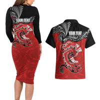 Personalised Aotearoa Toitu Te Tiriti Couples Matching Long Sleeve Bodycon Dress and Hawaiian Shirt Taniwha Tribal Motifs LT03 - Polynesian Pride