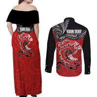 Personalised Aotearoa Toitu Te Tiriti Couples Matching Off Shoulder Maxi Dress and Long Sleeve Button Shirt Taniwha Tribal Motifs LT03 - Polynesian Pride