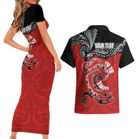 Personalised Aotearoa Toitu Te Tiriti Couples Matching Short Sleeve Bodycon Dress and Hawaiian Shirt Taniwha Tribal Motifs LT03 - Polynesian Pride