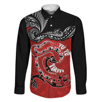 Personalised Aotearoa Toitu Te Tiriti Family Matching Off The Shoulder Long Sleeve Dress and Hawaiian Shirt Taniwha Tribal Motifs LT03 Dad's Shirt - Long Sleeve Multicolor - Polynesian Pride