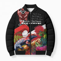 Aotearoa Toitu Te Tiriti Bomber Puffer Jacket Waitangi-Honour The Treaty NZ Tuatara and Plants