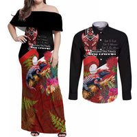 Aotearoa Toitu Te Tiriti Couples Matching Off Shoulder Maxi Dress and Long Sleeve Button Shirt Waitangi-Honour The Treaty NZ Tuatara and Plants LT03 Multicolor - Polynesian Pride