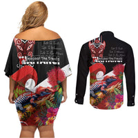 Aotearoa Toitu Te Tiriti Couples Matching Off Shoulder Short Dress and Long Sleeve Button Shirt Waitangi-Honour The Treaty NZ Tuatara and Plants LT03 - Polynesian Pride