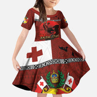 Tonga ANZAC Day Family Matching Off The Shoulder Long Sleeve Dress and Hawaiian Shirt Gallipoli Lest We Forget Ngatu Art Tribal LT03 Daughter's Dress Red - Polynesian Pride