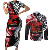 Tonga and New Zealand ANZAC Day Couples Matching Short Sleeve Bodycon Dress and Long Sleeve Button Shirt Gallipoli Lest We Forget Ngatu Art Tribal and Maori Tattoo with Fern LT03 Black - Polynesian Pride