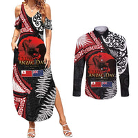 Tonga and New Zealand ANZAC Day Couples Matching Summer Maxi Dress and Long Sleeve Button Shirt Gallipoli Lest We Forget Ngatu Art Tribal and Maori Tattoo with Fern LT03 Black - Polynesian Pride