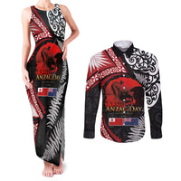 Tonga and New Zealand ANZAC Day Couples Matching Tank Maxi Dress and Long Sleeve Button Shirt Gallipoli Lest We Forget Ngatu Art Tribal and Maori Tattoo with Fern LT03 Black - Polynesian Pride