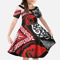 Tonga and New Zealand ANZAC Day Family Matching Short Sleeve Bodycon Dress and Hawaiian Shirt Gallipoli Lest We Forget Ngatu Art Tribal and Maori Tattoo with Fern LT03 Daughter's Dress Black - Polynesian Pride
