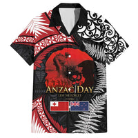 Tonga and New Zealand ANZAC Day Family Matching Short Sleeve Bodycon Dress and Hawaiian Shirt Gallipoli Lest We Forget Ngatu Art Tribal and Maori Tattoo with Fern LT03 Dad's Shirt - Short Sleeve Black - Polynesian Pride