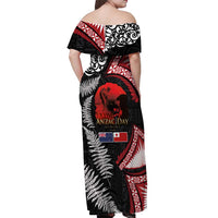 Tonga and New Zealand ANZAC Day Off Shoulder Maxi Dress Gallipoli Lest We Forget Ngatu Art Tribal and Maori Tattoo with Fern LT03