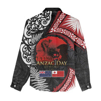 Tonga and New Zealand ANZAC Day Women Casual Shirt Gallipoli Lest We Forget Ngatu Art Tribal and Maori Tattoo with Fern LT03