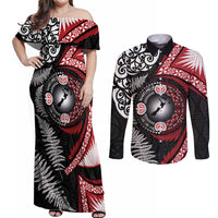 Tonga and New Zealand Together Couples Matching Off Shoulder Maxi Dress and Long Sleeve Button Shirt Ngatu Art Tribal Maori Tattoo and Silver Fern
