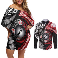 Tonga and New Zealand Together Couples Matching Off Shoulder Short Dress and Long Sleeve Button Shirt Ngatu Art Tribal Maori Tattoo and Silver Fern