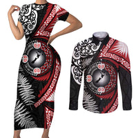 Tonga and New Zealand Together Couples Matching Short Sleeve Bodycon Dress and Long Sleeve Button Shirt Ngatu Art Tribal Maori Tattoo and Silver Fern LT03 Black - Polynesian Pride